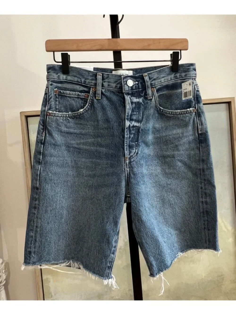 AGOLDE 90's Raw-Cut Edge Long Denim Shorts Size 25 Ruin Blue Bermuda